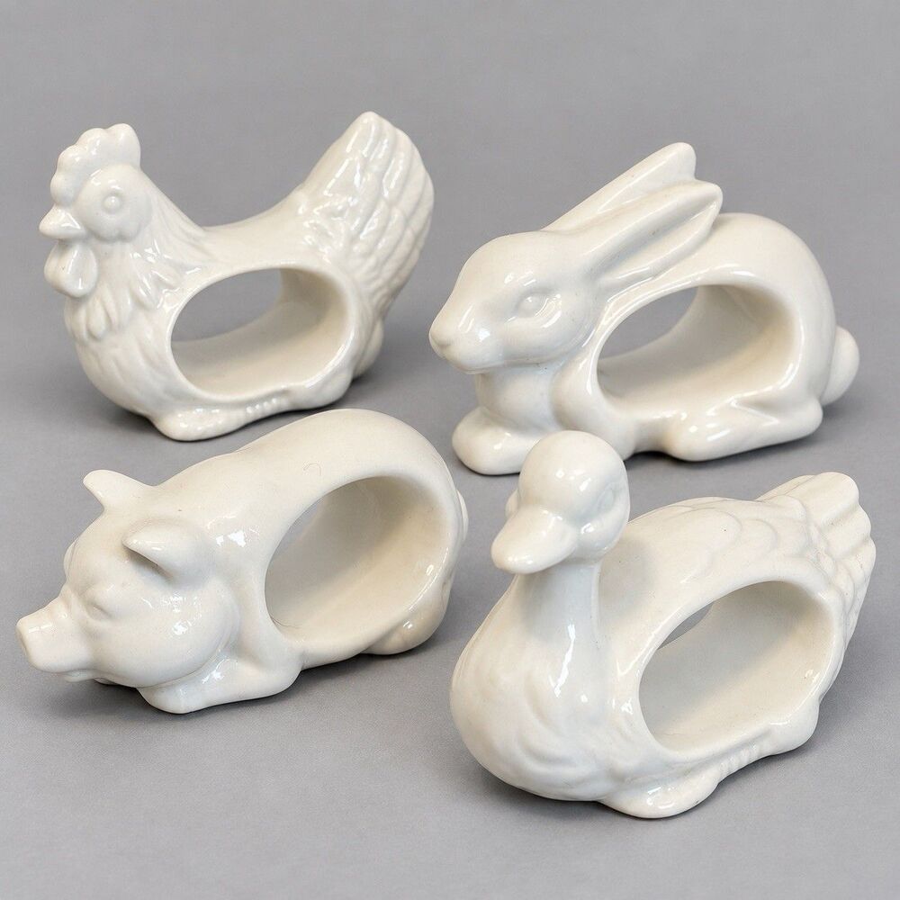 White Ceramic Animal Napkin Rings Set 4 Rabbit Pig Chicken Duck Farmhouse Accent